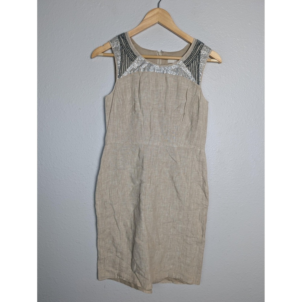 LOFT Dress Womens 0 Beige Knee Length Sheath‎ Scoop Neck Sequin Beaded Linen